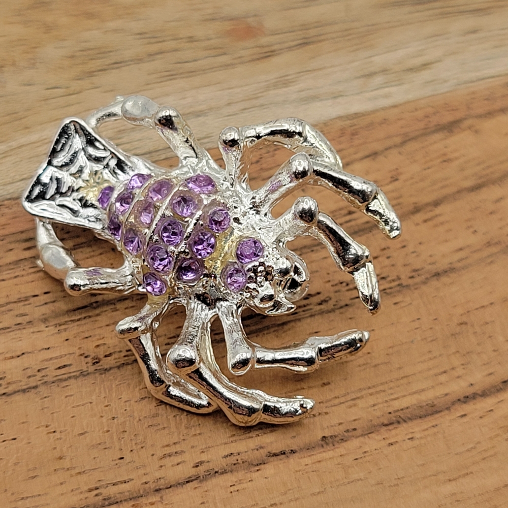 Cute Silver and Purple Crystal Spider Brooch
